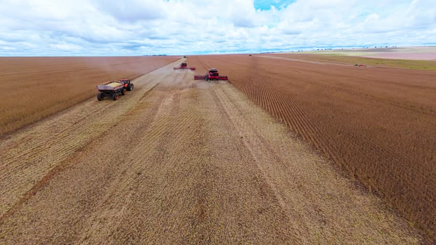 Aerial view of combine harvesters working on a large soybean plantation in a rural area of São João da Aliança, Goiás, Brazil, under a cloudy sky, showcasing the scale of modern agriculture