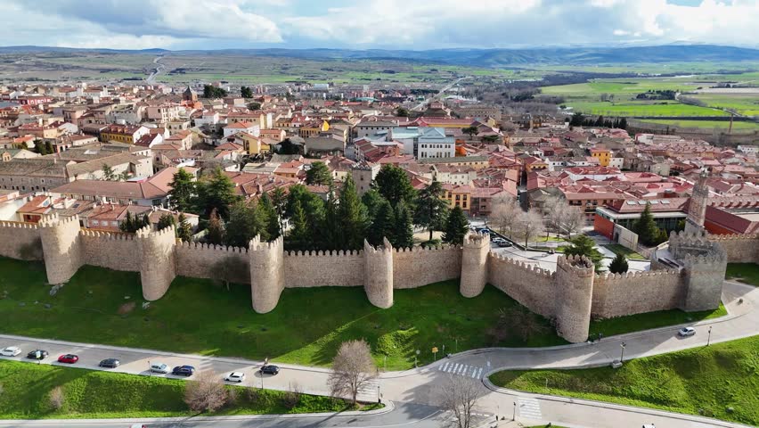 Drone video of Ávila Spain with medieval walls and cathedral