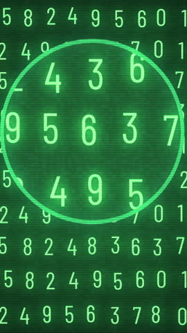 A glitchy green computer screen playback vertical view examining moving numbers zooming in and out. Data refinement concept. The numbers are important and mysterious.	
