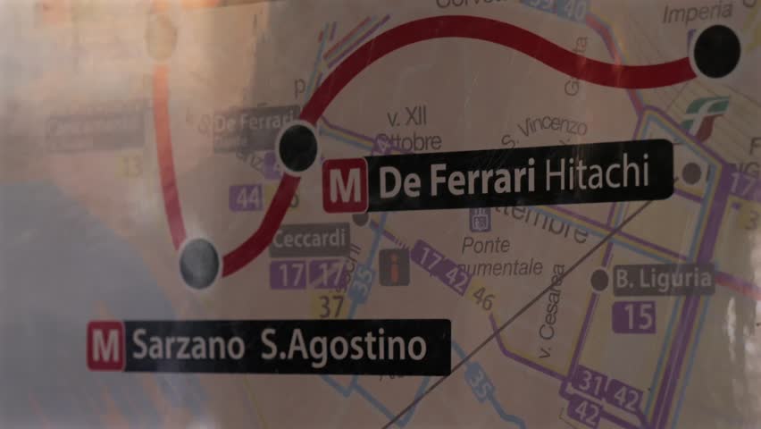 Detailed view of a Genoa metro map highlighting De Ferrari Hitachi and Sarzano S. Agostino stations, useful for urban transportation and travel-related visuals