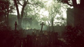 A tranquil graveyard is captured at dawn, where soft sunlight streams through misty trees, highlighting weathered tombstones surrounded by a rustic fence, creating an ethereal atmosphere. - Powered by Shutterstock - Get 15% off with code: PIKWIZARD15