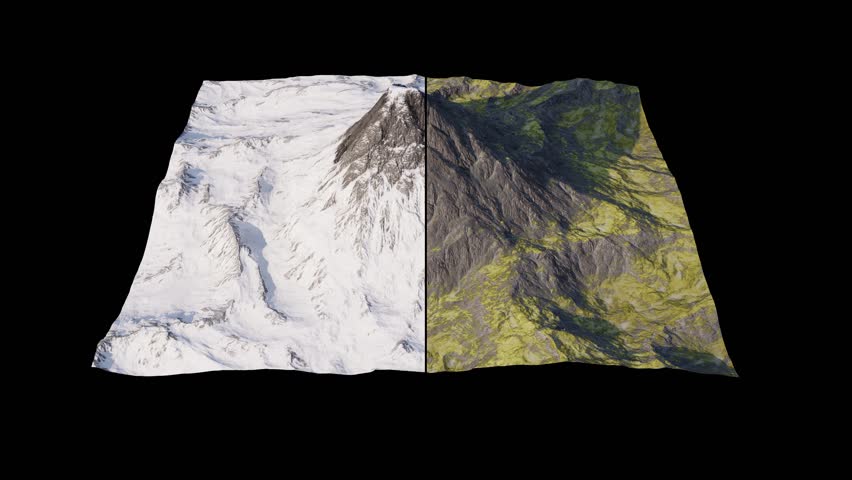Seasonal Shift: Winter to Summer on a Mountain Peak. Seamless loop. 3D rendering. Black background.