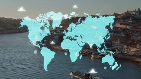 e-Logistics international delivery concept, World map with logistic network distribution on background, cargo ships delivery containers in port stock. background for Concept of fast or instant - Powered by Shutterstock - Get 15% off with code: PIKWIZARD15
