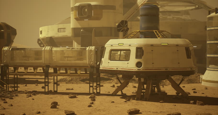 A futuristic habitat on the Martian surface stands surrounded by rocky terrain and dust. The structure features sleek lines and tech, suggesting human adaptation to space exploration.