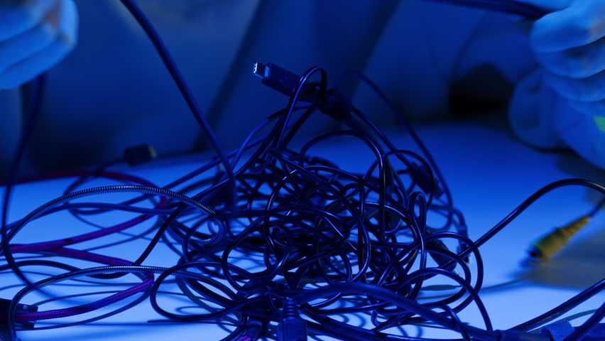 Young woman trying to untangle many various of wires in blue neon light close-up. Tangled wires and cables on table. Trying to untangle many messy and chaos cables