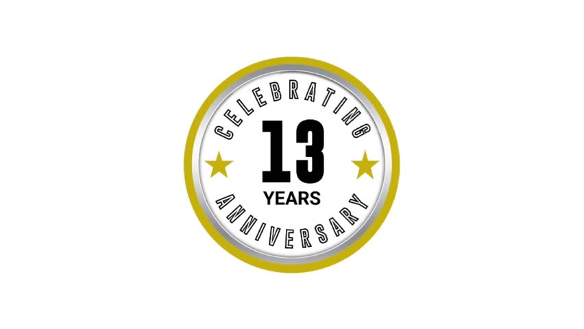 13 years anniversary Celebrating logo illustration design in gold and black color isolated on white background, 13th years anniversary badge, animation in high quality.