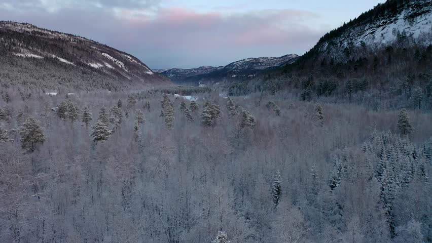 Experience captivating drone footage showcasing snowy forrest and majestic peaks from northern Norway’s magical landscapes inside the pristine Arctic Circle.