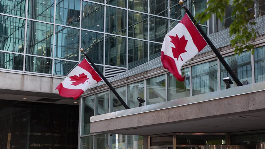 Canadian flags on building in downtown aria of Ottawa in Canada