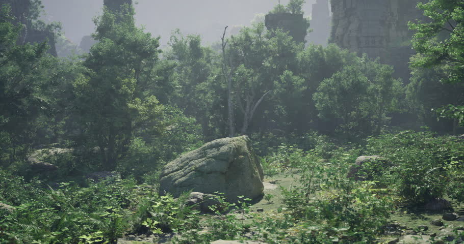 A tranquil natural environment with dense greenery and large rocks. Sunlight filters through the canopy, creating a serene atmosphere. Wildlife can be seen among the foliage.