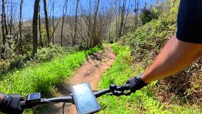 Mountain biker pedaling through lush green forest, navigating scenic woodland trail during bright sunny day with natural landscape surrounding rider - Powered by Shutterstock - Get 15% off with code: PIKWIZARD15