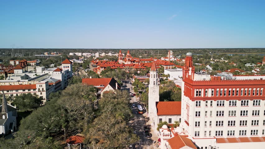 lying West over historic St. Augustine, Florida and Plaza de la Constitucion at mid-morning	