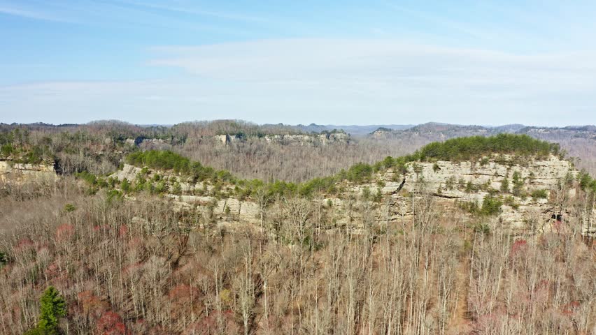 Aerial view of Double Arch rock formation and surroundings at Red River Gorge in Kentucky