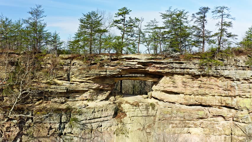 Aerial view of Double Arch rock formation and surroundings at Red River Gorge in Kentucky