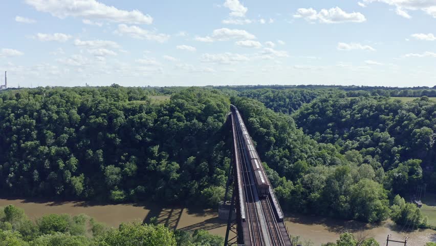 Aerial view of a freight train crossing High Bridge railroad trestle in Kentucky