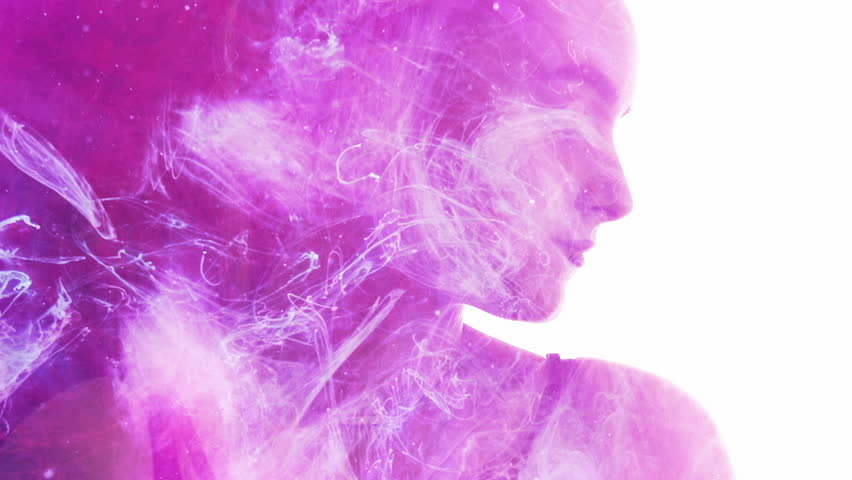 Spiritual silhouette. Aura energy. Meditation enlightenment. Double exposure pink glitter mist flow in peaceful woman face outline isolated on white copy space background.