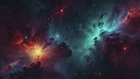 a stunning view of the nebula with a stunning mix of colors. On the left side, there is a cluster of gas and dust clouds dominated by bright orange and red colors, as if depicting a powerful star expl - Powered by Shutterstock - Get 15% off with code: PIKWIZARD15