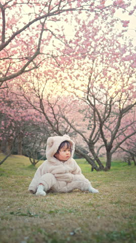 Cute asian baby girl in warm bear suit sitting under cherry blossoms or sakura blossoms in Japan Spring Garden, Spring fun for family with kids outdoors in a beautiful spring garden