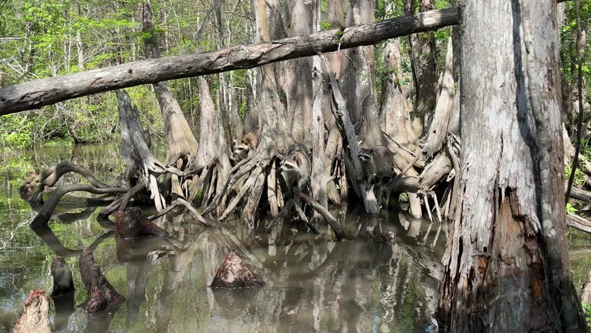 Raccoons perched under tree eating falling food in swampy area located in forest.