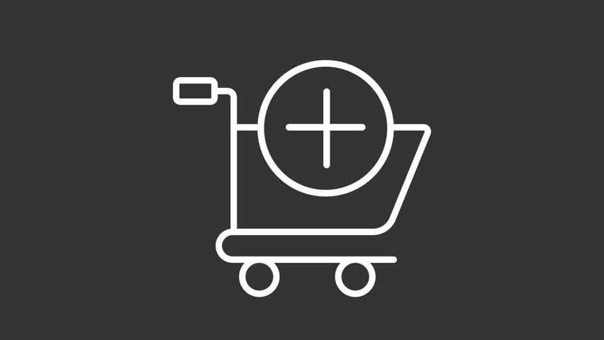 Shopping cart white line animation. Online purchase add animated icon. Scaling plus sign. Service, sales. Isolated illustration on dark background. Transition alpha video. Motion graphic