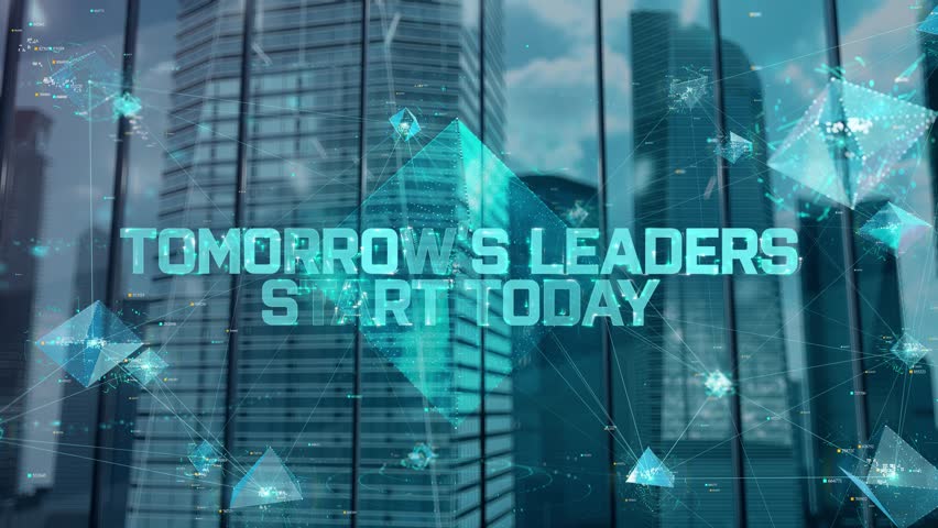 Tomorrows Leaders Start Today. Businessman Working in Office among Skyscrapers. Hologram Concept