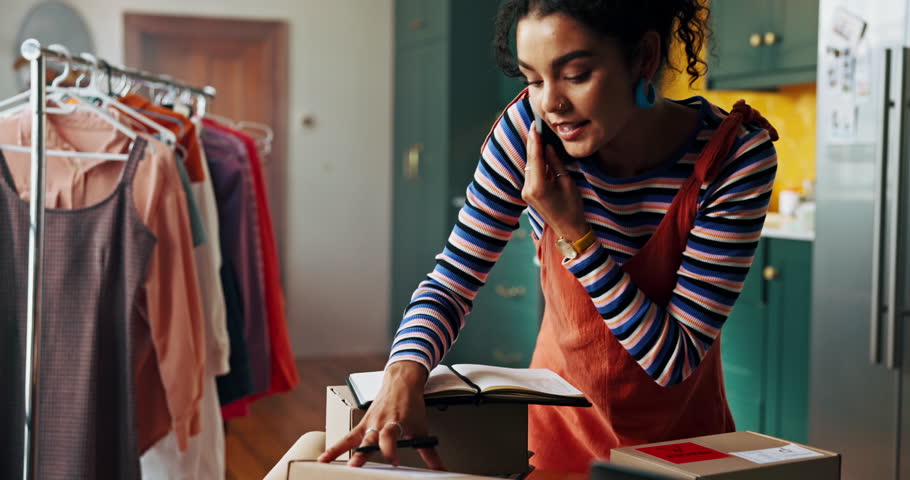 Writing, boxes or woman with phone call for small business, website orders and address logistics. Clothes package, label or fashion designer with diary for talking, startup management or schedule
