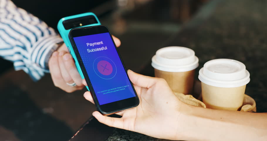 Machine, phone or hands of customer in coffee shop for fintech app, payment success or checkout. Screen, finance or barista with person for financial transaction by counter in cafeteria or restaurant