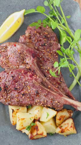 Grilled lamb chops with potatoes and watercress on a plate