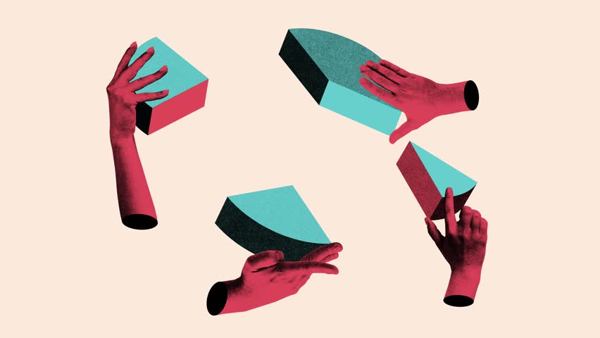 Teamwork abstract artwork with hands connecting segmented pie chart. Photocopy style. Stop motion, animation. Concept of division of tasks, analytics, collective effort, and structured collaboration.