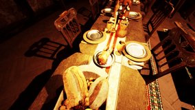 The table is beautifully arranged with an array of food and drinks, including fruits, bread, and decorative pottery, set in a cozy, rustic environment perfect for gathering and celebration. - Powered by Shutterstock - Get 15% off with code: PIKWIZARD15