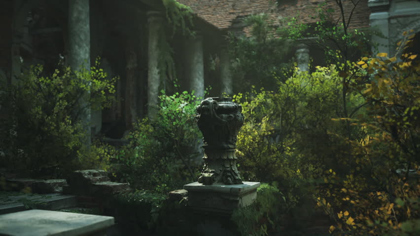 An old courtyard features stone columns and a decorative urn surrounded by vibrant greenery. Nature reclaims the space, creating a serene, hidden oasis.