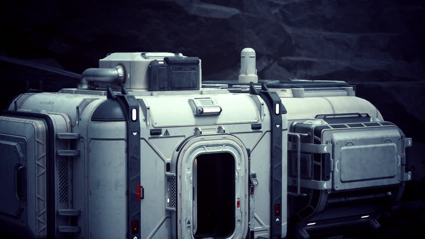 A modern spaceship is seen resting in a dimly lit environment, showcasing advanced technology in a futuristic setting.