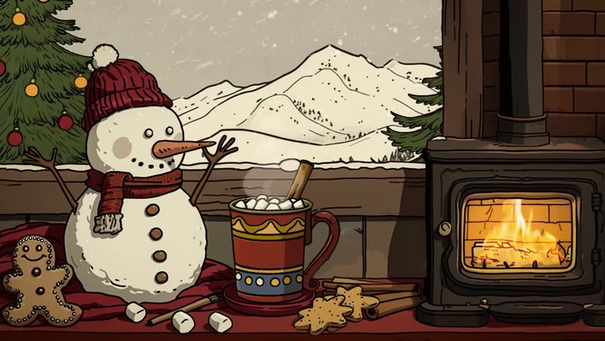 Cozy room with fireplace and Christmas decoration. 2D anime video background for relaxing and studying