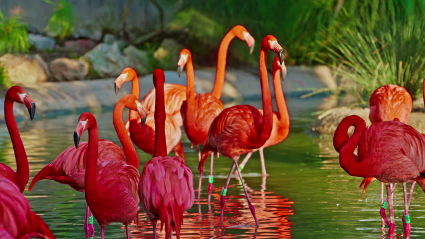 Beautiful flamingos of bright red color standing side by side on a pond