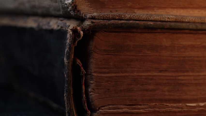 Aged Book Spines In Macro. Vintage Texture, Timeworn Details. Frayed edges pages
