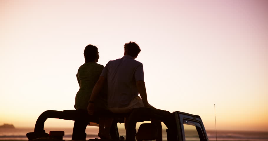 Road trip, hug and couple at sunset for view, car travel adventure or mockup space on holiday. Back, care or silhouette of people on vacation break for bonding, love or romantic outdoor date together