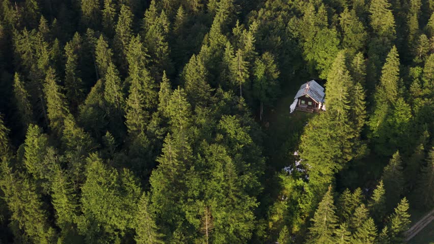 Aerial video with a snowy cabin in the forest at sunrise in the Bavarian Alps, Germany