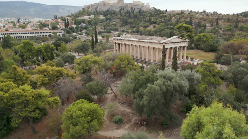 Temple Of Hephaestus Athens Greece Acropolis Drone Rise 4K 60FPS