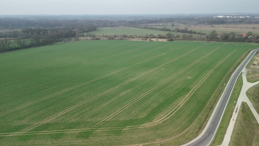 Aerial view flying over rural landscape with green fields. Beautiful spring aerial view of polish farmland. Rural landscape with wheat agricultural fields in countryside