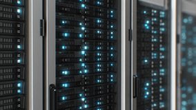 Beautiful Close-up Server Racks in Modern Data Center Loop 3d Animation. Artificial Intelligence Server Room Blue Lights Blinking Seamless Illustration. Cloud Computing Big Data Storage Concept 4k.  - Powered by Shutterstock - Get 15% off with code: PIKWIZARD15