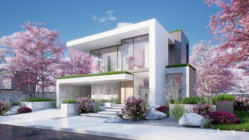 4K video rendering of flat roof house with parking and pool for sale or rent with concrete facade and beautiful landscaping. Fresh spring day with a blooming trees with flowers of sakura