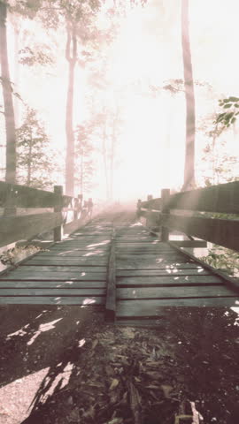 mystical old wooden bridge in the fog