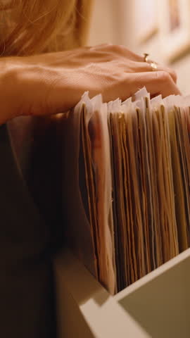 Vertical video. Close-Up of Woman’s Arm and Hand Flipping Through Vinyl Records in a Record Store from Side Angle. Concept of Music Collection and Vintage Shopping