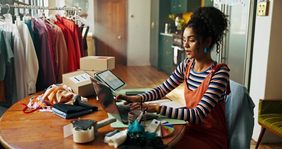 Delivery, tired or woman on laptop with stress for small business, website orders or planning logistics. Entrepreneur, clothes designer or crisis with ecommerce review, mistake or schedule disaster
