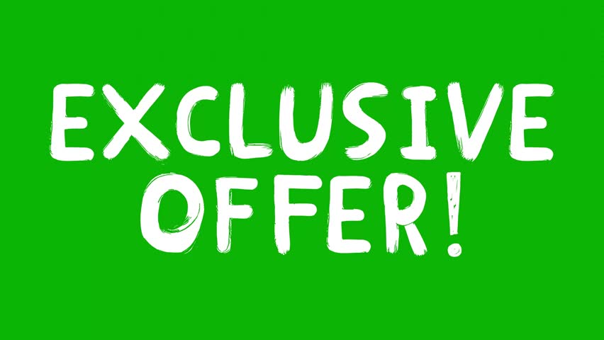 Animated white word title “Exclusive offer!!”, trade or commerce phrase in a sloppy font on a green screen on a chroma key background