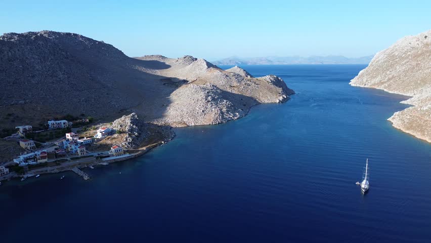 The Beauty of Symi from Above – Aerial View of Its Rocky Landscape and Aegean Summer Charm