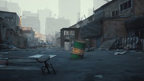 A rundown urban street is filled with debris and discarded items, while a green barrel stands out amidst the wasteland of crumbling buildings and distant city skyscrapers. - Powered by Shutterstock - Get 15% off with code: PIKWIZARD15
