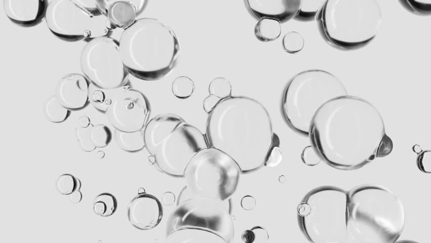 Transparent 3D molecules, liquid water drops, bubbles. Cosmetic products for skin care, hyaluronic. Abstract animation video pattern. Healthcare and medicine designs concept, beauty background.