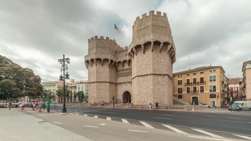 Serrans Towers (Torres de Serranos) timelapse hyperlapse in Valencia, Spain. A grand medieval gate from the city