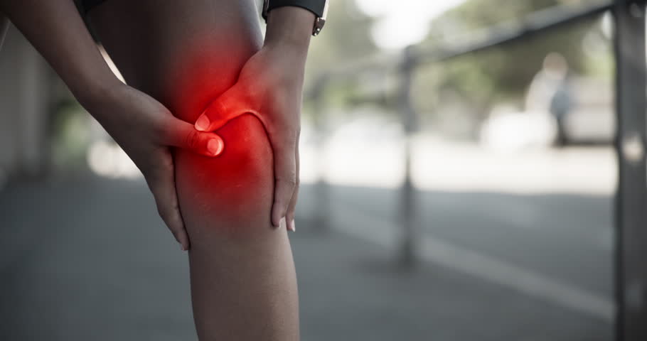 Fitness, inflammation and hands with knee pain outdoor for running accident, red glow and sports injury. Overlay, person and training mistake with leg tension, tender bone and muscle sprain in city