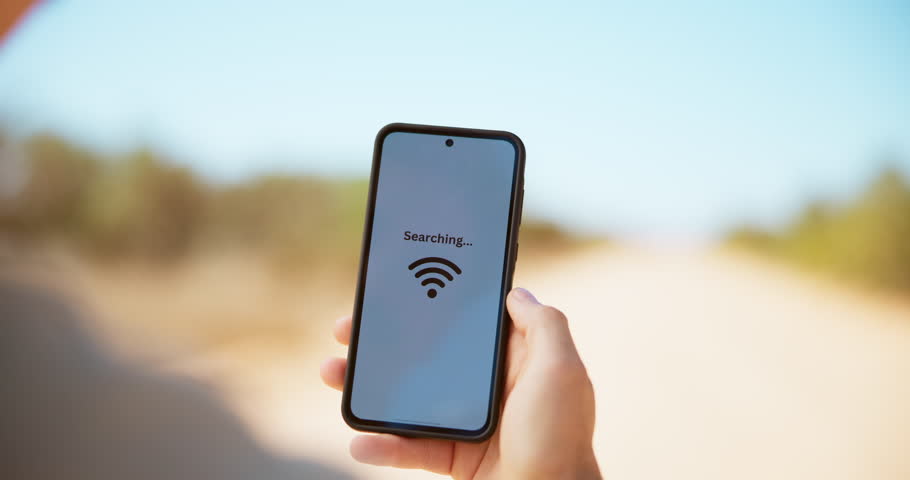 Nature, phone screen and hands of person with no signal, connection issue and networking problem. Service, location and smartphone with notification for emergency, crisis and internet in countryside